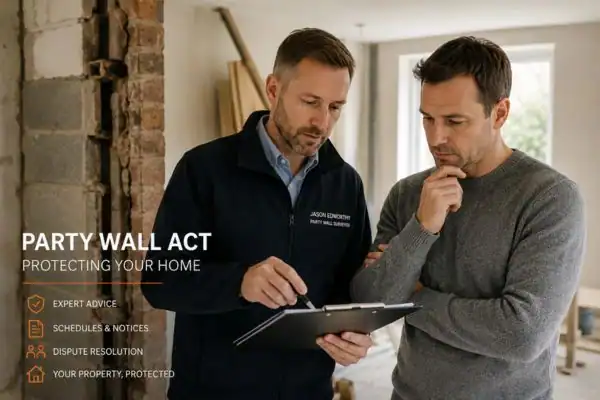 Party wall surveyor Worcestershire discussing extension plans with homeowner outside a UK semi-detached house.